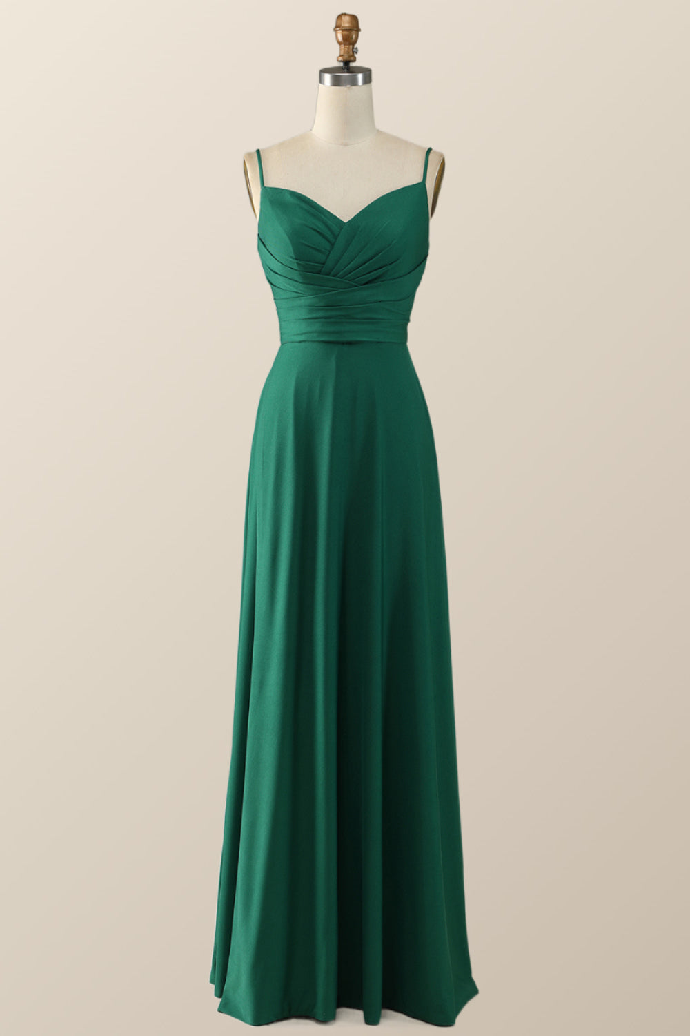 Simply Green Pleated Satin Long Bridesmaid Dress