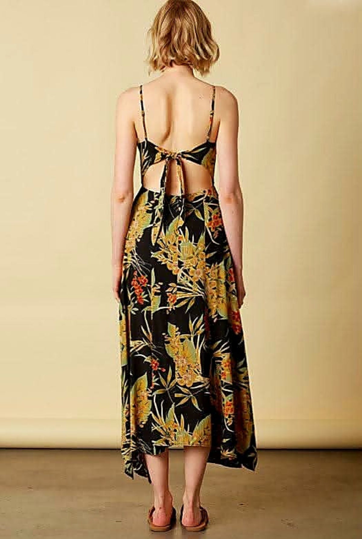 Tropical Thunder Black Floral Tie Back Midi Dress