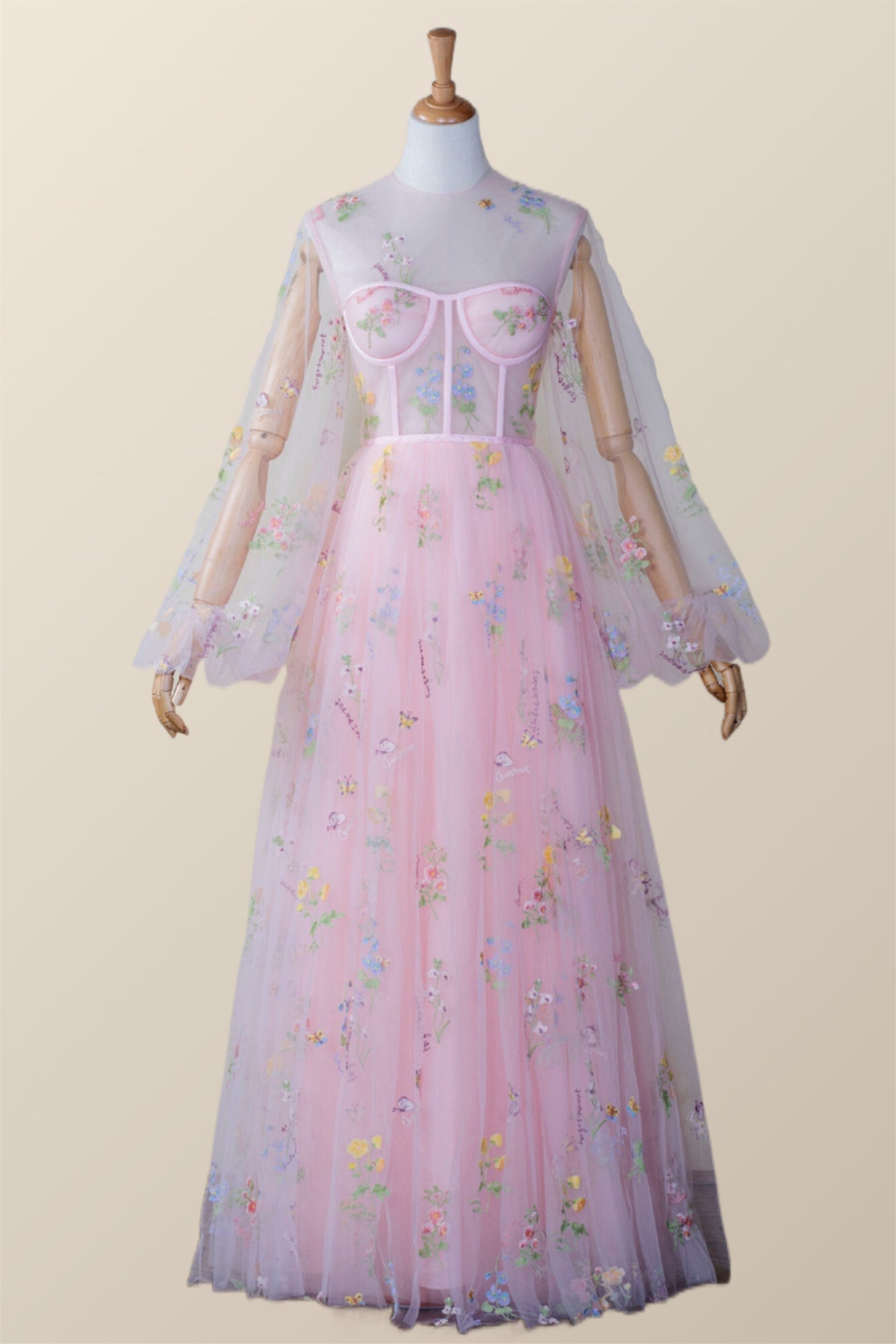 Scoop Pink Floral Tulle Ankle Length Dress