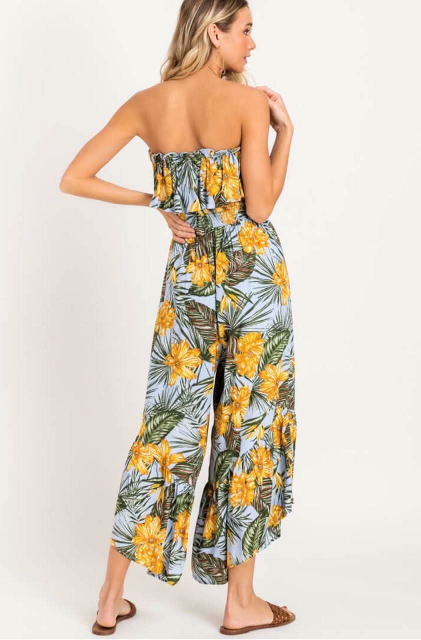 Plum Island Mustard Palm Print Strapless Culotte Jumpsuit