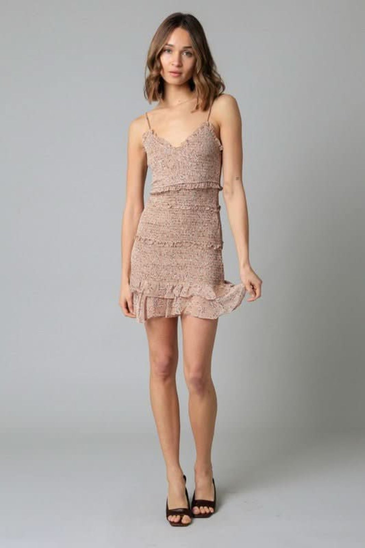 Rhea Taupe Floral Print Smocked Ruffle Mini Dress