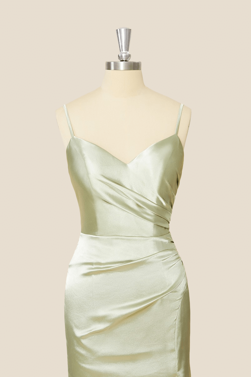 Straps Sage Green Satin Long Formal Dress