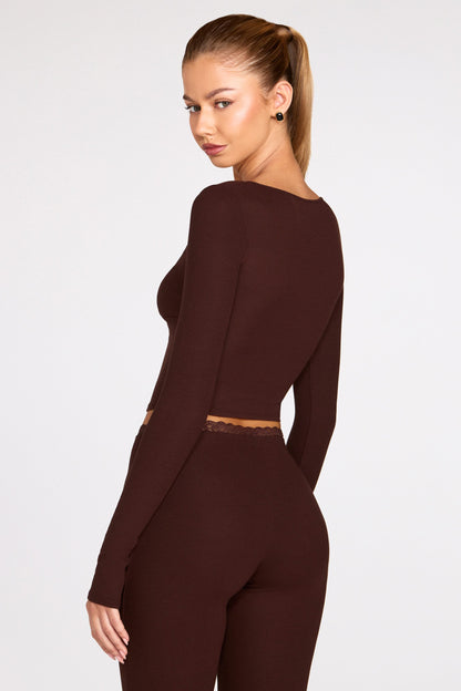 Ribbed Modal Long-Sleeve Laced Bra Top in Chocolate Brown