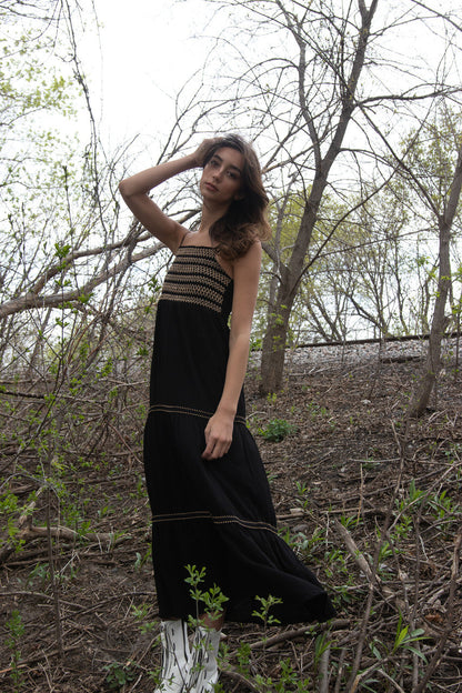 Embroidered Detail Gauze Tiered Maxi Dress