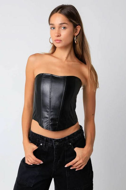 Harper Black Strapless Vegan Leather Corset Top