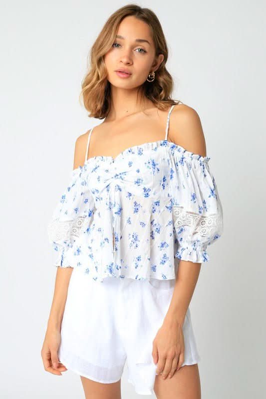 Positano White and Blue Floral Babydoll Top