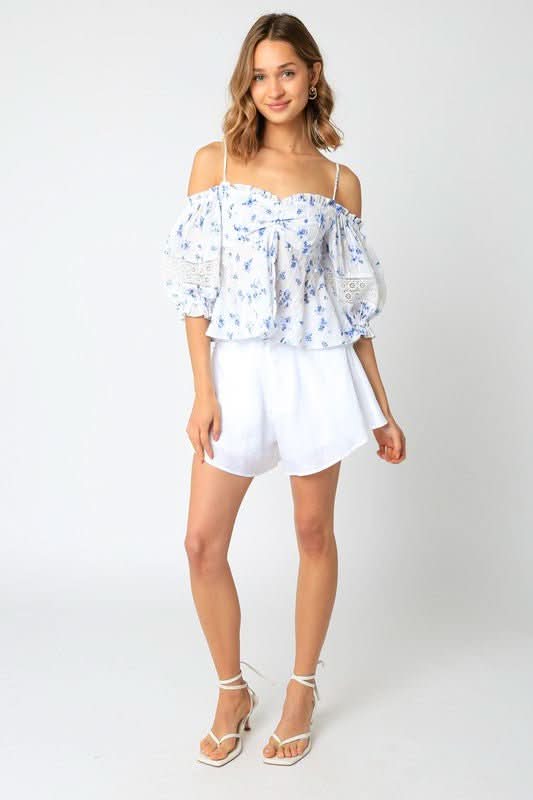 Positano White and Blue Floral Babydoll Top