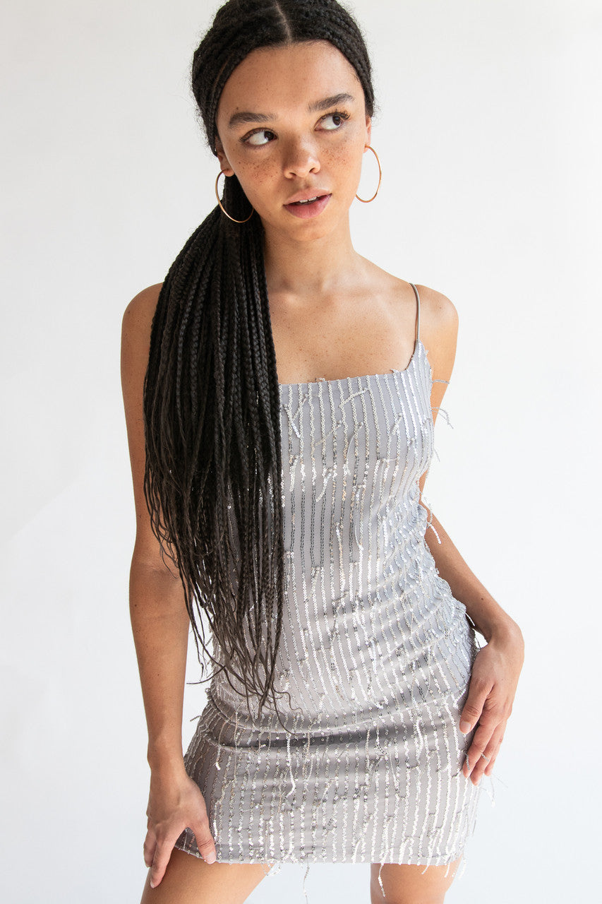 Silver Sequin Fringe Mini Dress