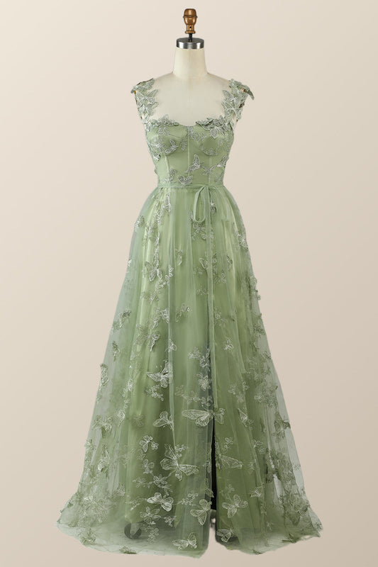 Sage Green Butterfly A-line Long Formal Dress