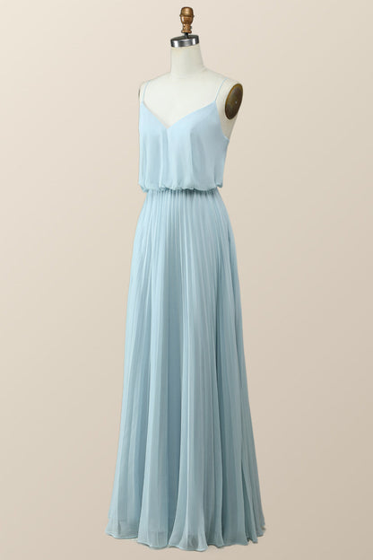 Straps Blue Pleated Full Length Dress