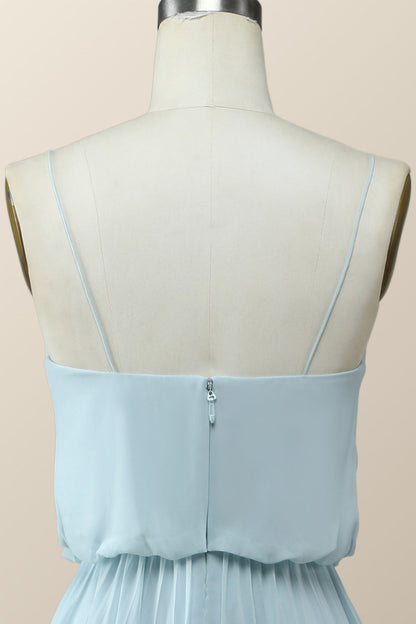 Straps Blue Pleated Full Length Dress