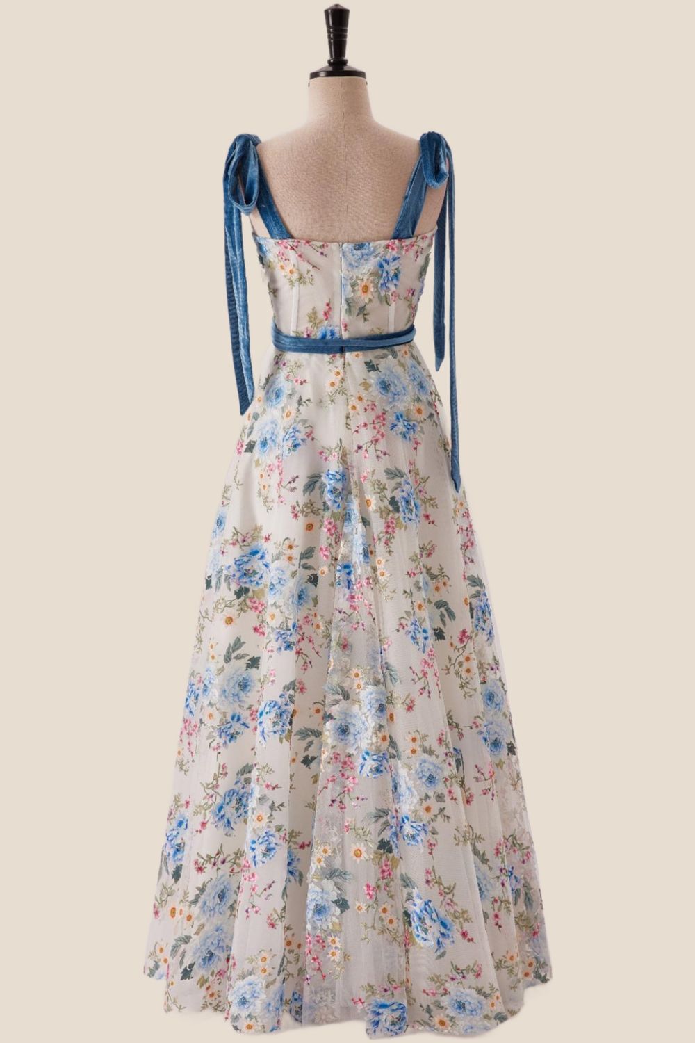 Sweetheart Blue Floral A-line Long Formal Gown