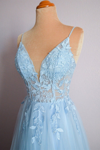 Straps Blue Lace Appliques A-line Long Formal Dress