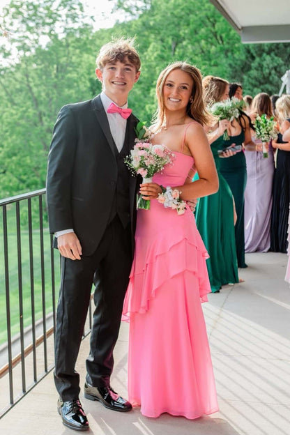 Straps Blue Chiffon Tiered Maxi Dress