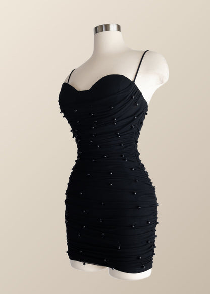 Straps Blue Tight Mini Dress with Pearls