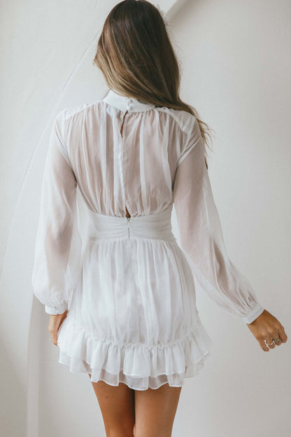 Mandalay High Neck Long Sleeve Waistband Dress White