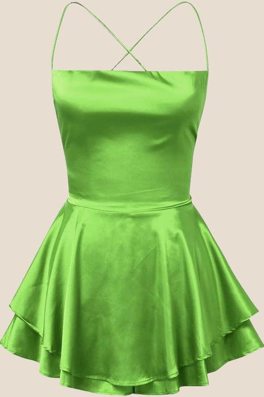 Straps Green Lace-up Back Tiered Party Dress