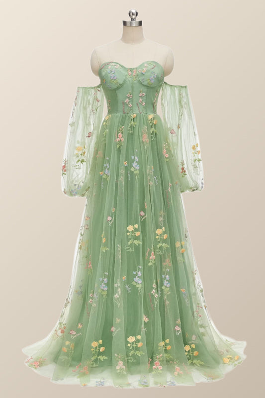 Puff Long Sleeves Green Floral Corset Long Formal Dress