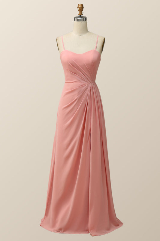 Spaghetti Straps Blush Pink Chiffon A-line Long Bridesmaid Dress