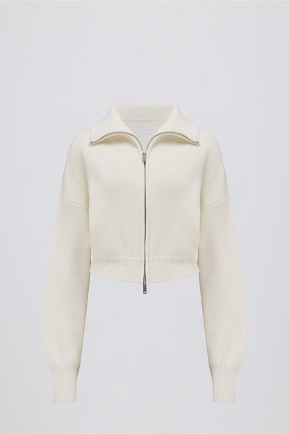 Ribbed Knit Zip-Up Cropped Sweatshirt in Ivory