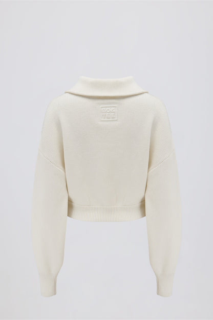 Ribbed Knit Zip-Up Cropped Sweatshirt in Ivory