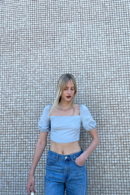 LINEN BLEND PUFF SLEEVE BLOUSE