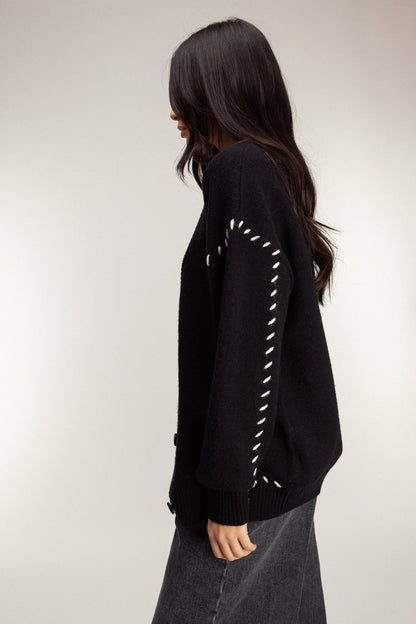 CONTRAST STITCH DETAIL BUTTON FRONT CARDIGAN