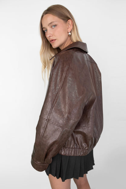 DISTRESSED VEGAN LEATHER BOMBER JACKET