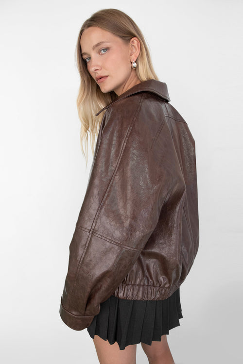 DISTRESSED VEGAN LEATHER BOMBER JACKET