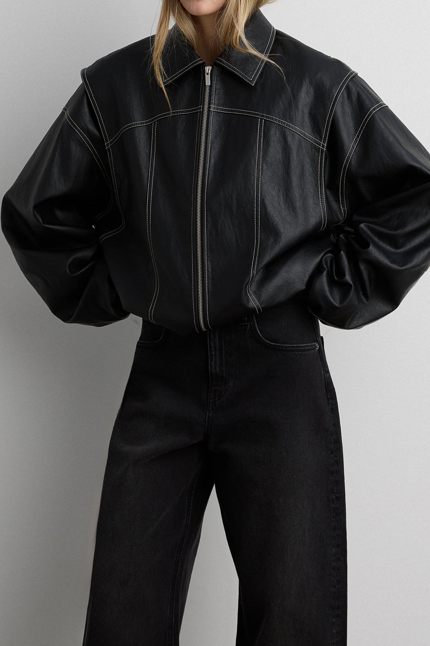 LAYERED DETAIL CONTRAST STITCH VEGAN LEATHER BOMBER
