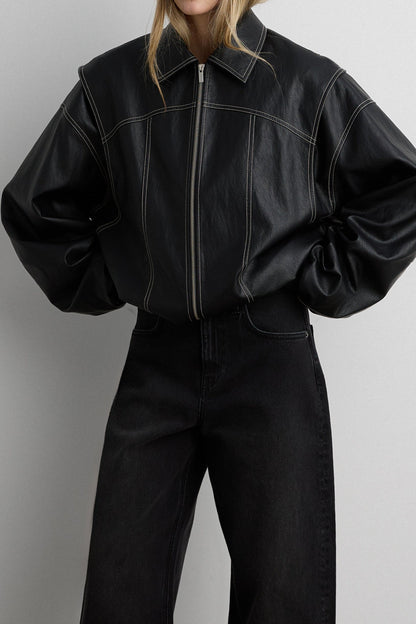 LAYERED DETAIL CONTRAST STITCH VEGAN LEATHER BOMBER