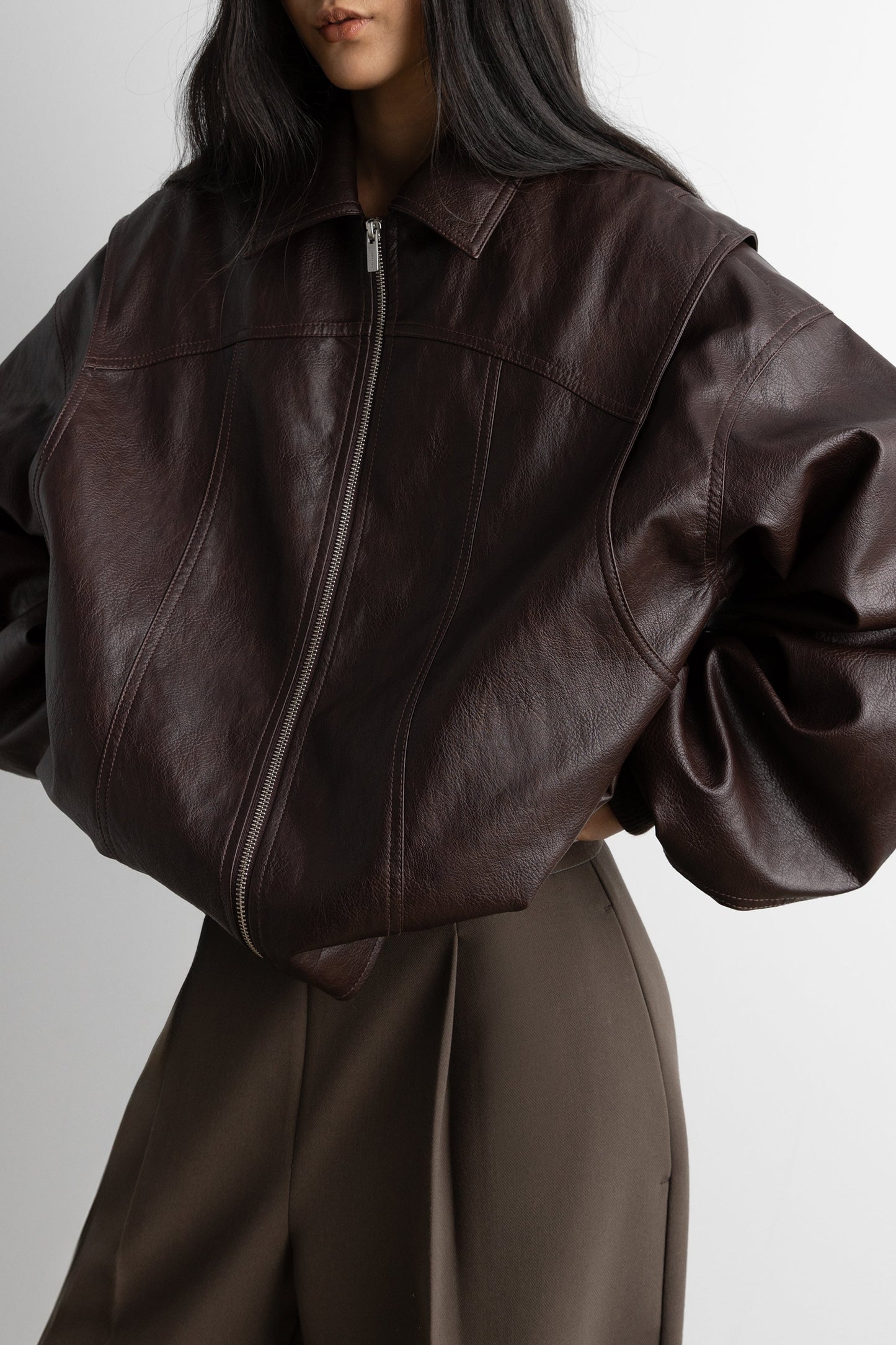 LAYERED DETAIL CONTRAST STITCH VEGAN LEATHER BOMBER