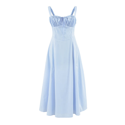 Tie Front Blue A-line Long Dress