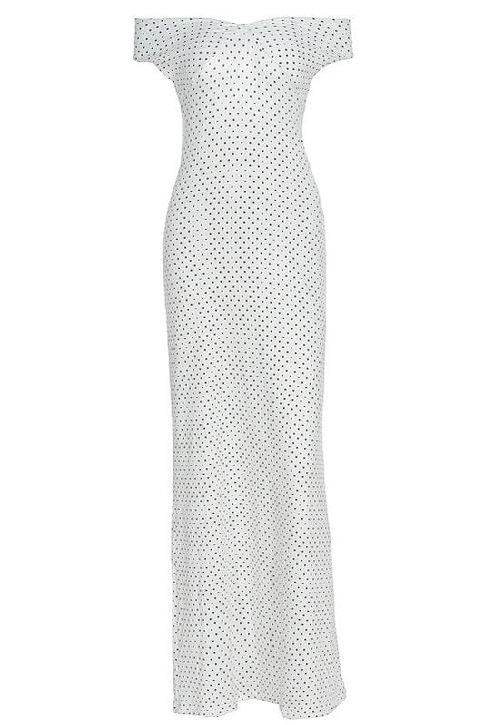White Off-shoulder Polka Dot Long Dress