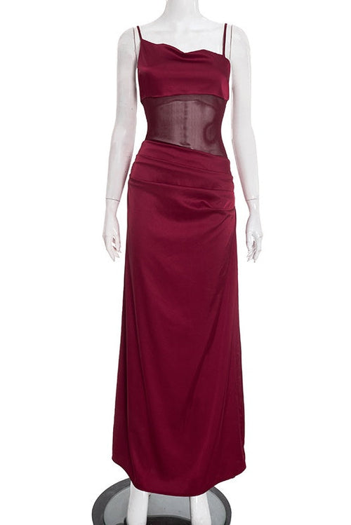 Straps Burgundy Sheer Draped Long Dress