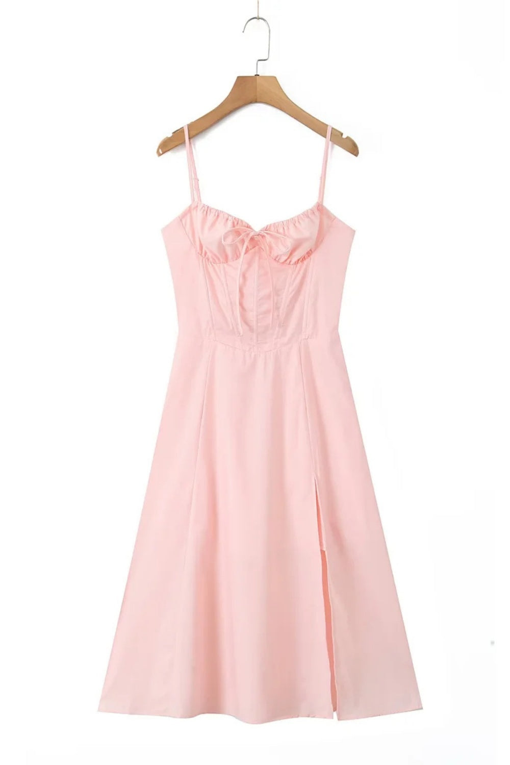 Pink Spaghetti Strap Bow Long Summer Dress with Slit