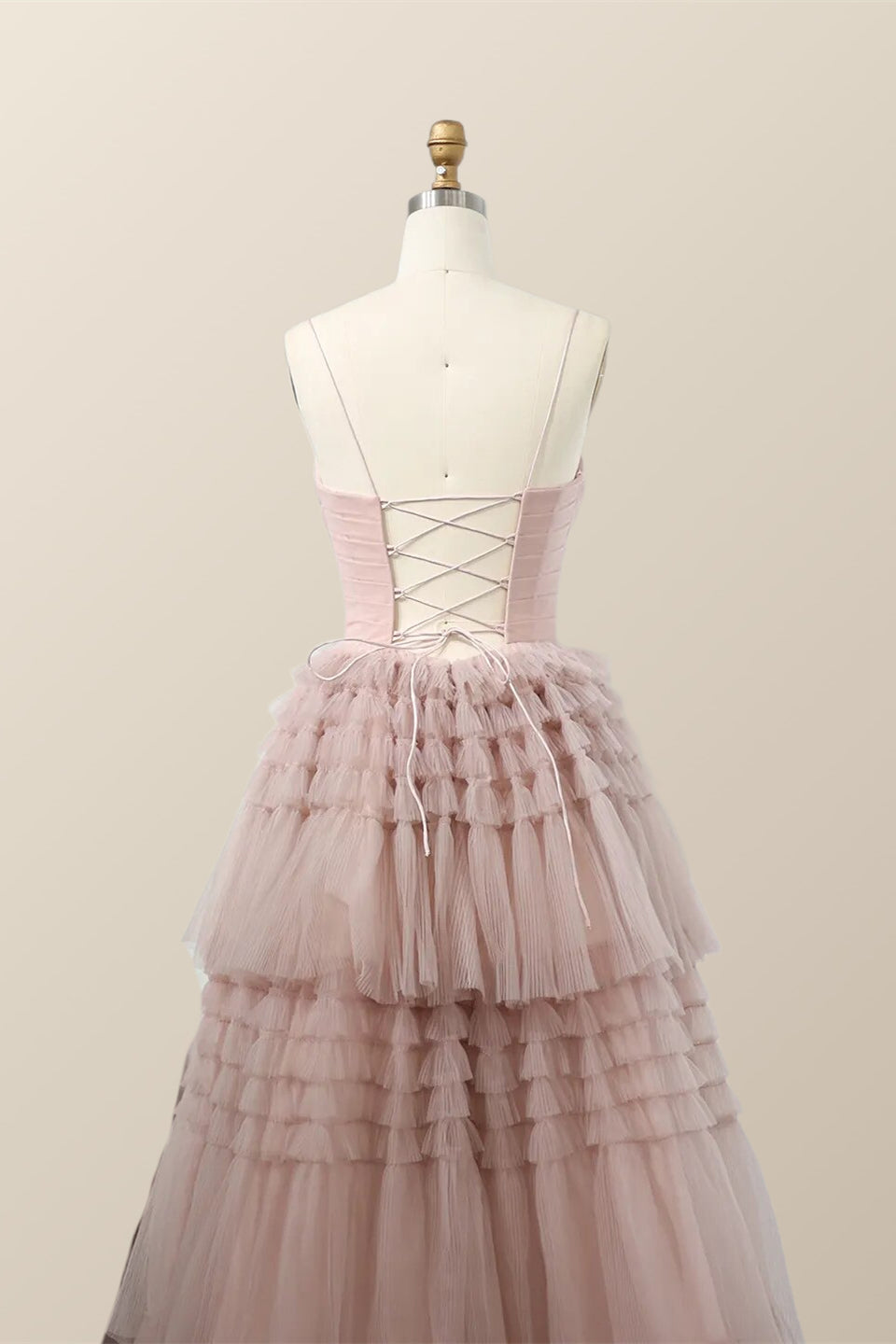 Straps Blush Tulle Tiered Long Formal Dress