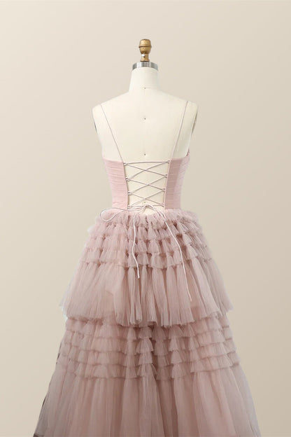 Straps Blush Tulle Tiered Long Formal Dress