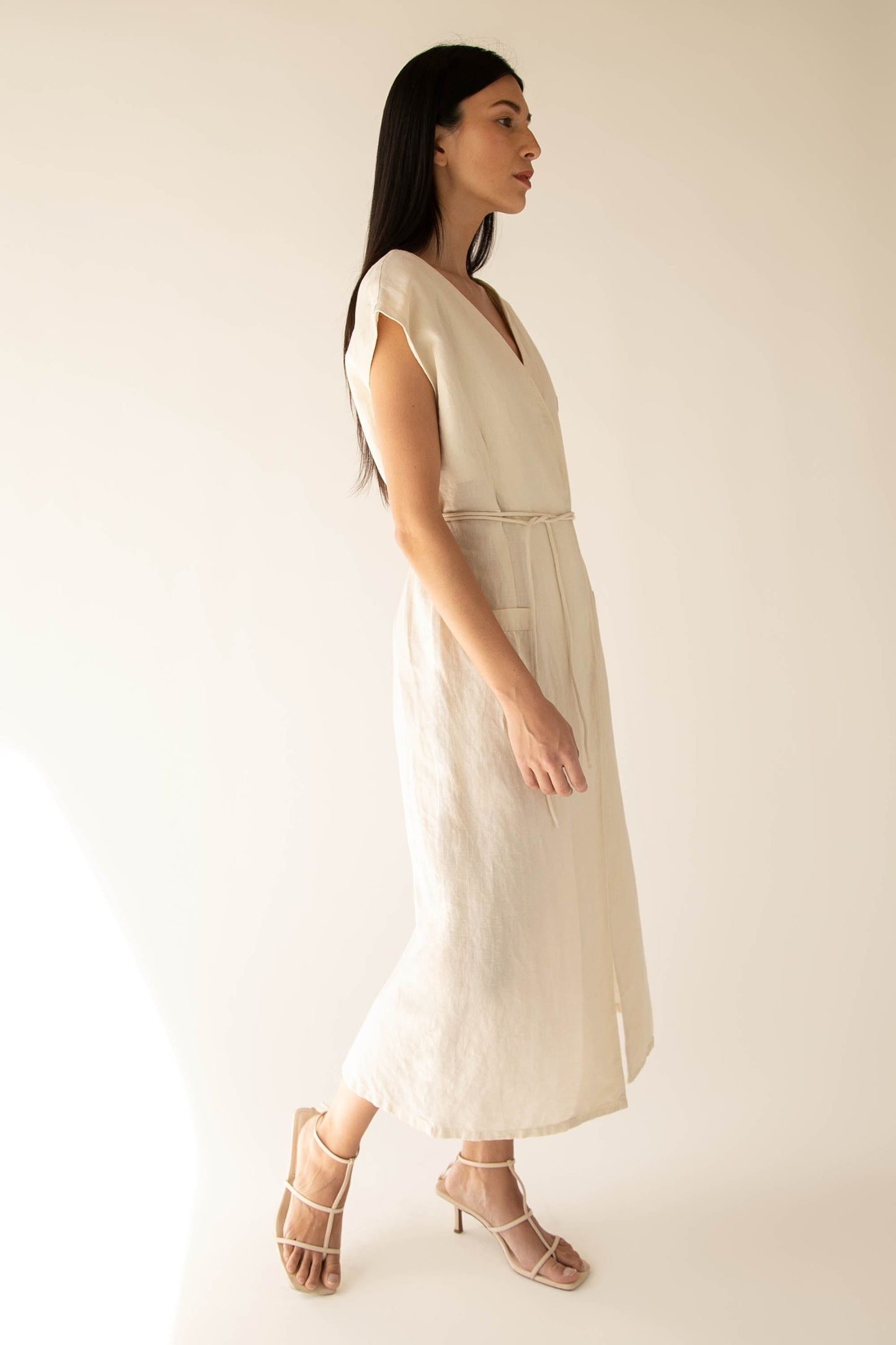 LINEN BLEND BUTTON UP MIDI DRESS