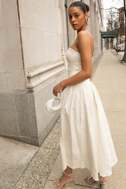 DROP-WAIST STRAPLESS TWILL DRESS