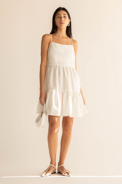 LINEN BLEND TIERED MINI DRESS