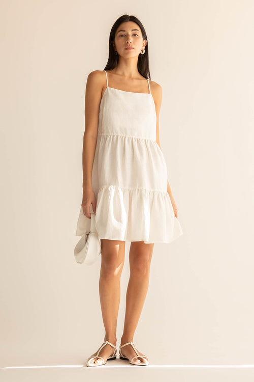 LINEN BLEND TIERED MINI DRESS
