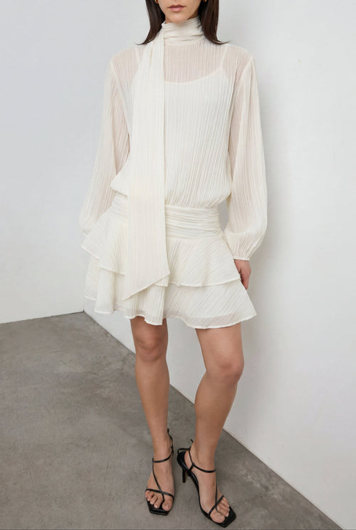 MOCKNECK LONG SLEEVE SHEER RUFFLED MINI DRESS