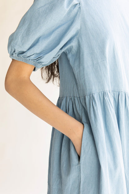 DENIM TIERED MIDI DRESS