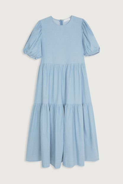 DENIM TIERED MIDI DRESS