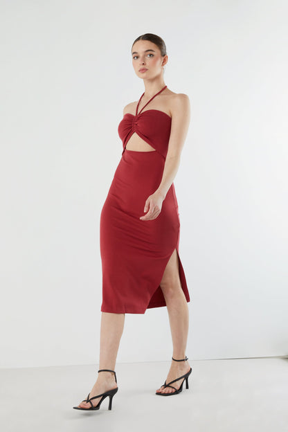 CUTOUT MIDI DRESS WITH HALTER TIES