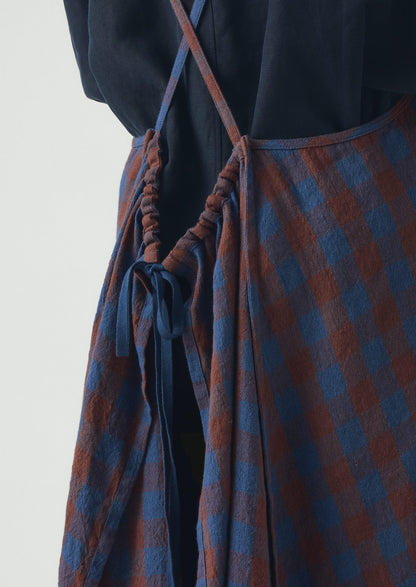 Orchard Check Cross Back Linen Cotton Apron | Brown Ochre/Dark Cornflower