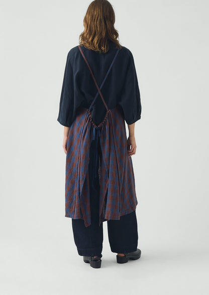 Orchard Check Cross Back Linen Cotton Apron | Brown Ochre/Dark Cornflower