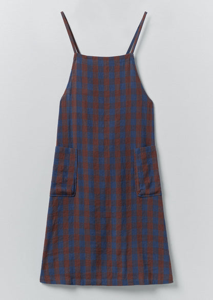 Orchard Check Cross Back Linen Cotton Apron | Brown Ochre/Dark Cornflower
