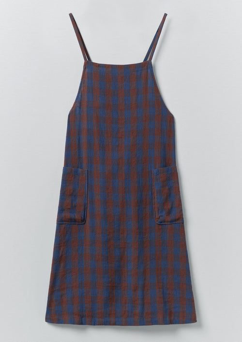 Orchard Check Cross Back Linen Cotton Apron | Brown Ochre/Dark Cornflower